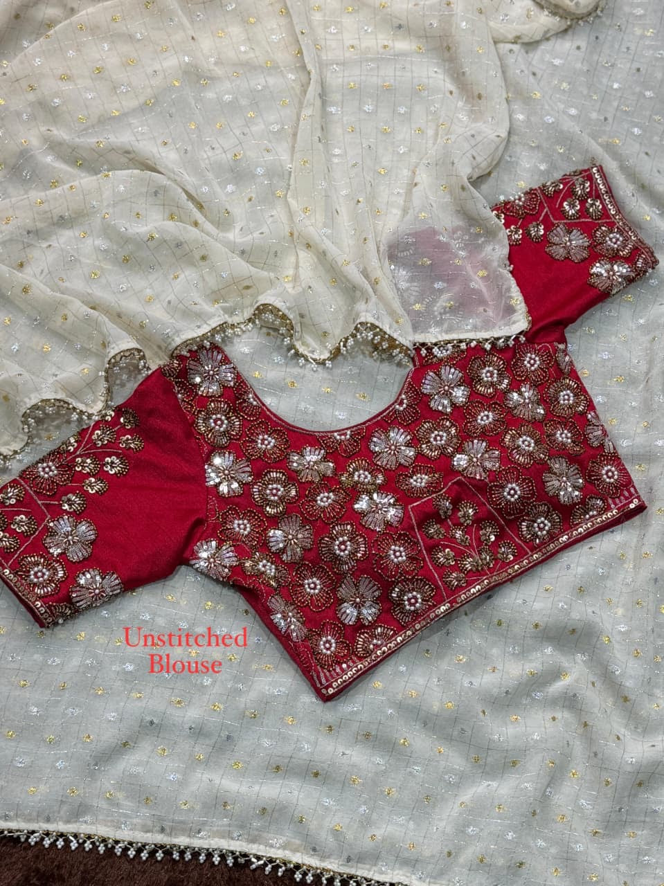 Cruchy Greorgette WARM BEIGE COLOR Saree Dual gold & silver zari Butti