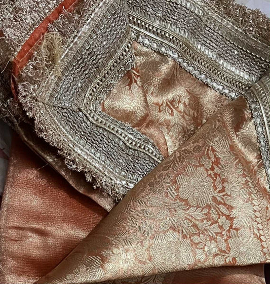 Tissue Silk Saree Orange and Golden Hues with Heavy Lace and Weaving Border and Heavy Weaving Pallu