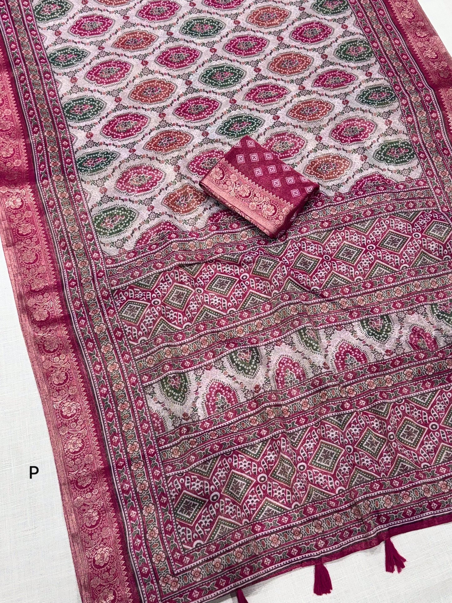 Ajrakh Printed saree with Pink Color zari jacquard border