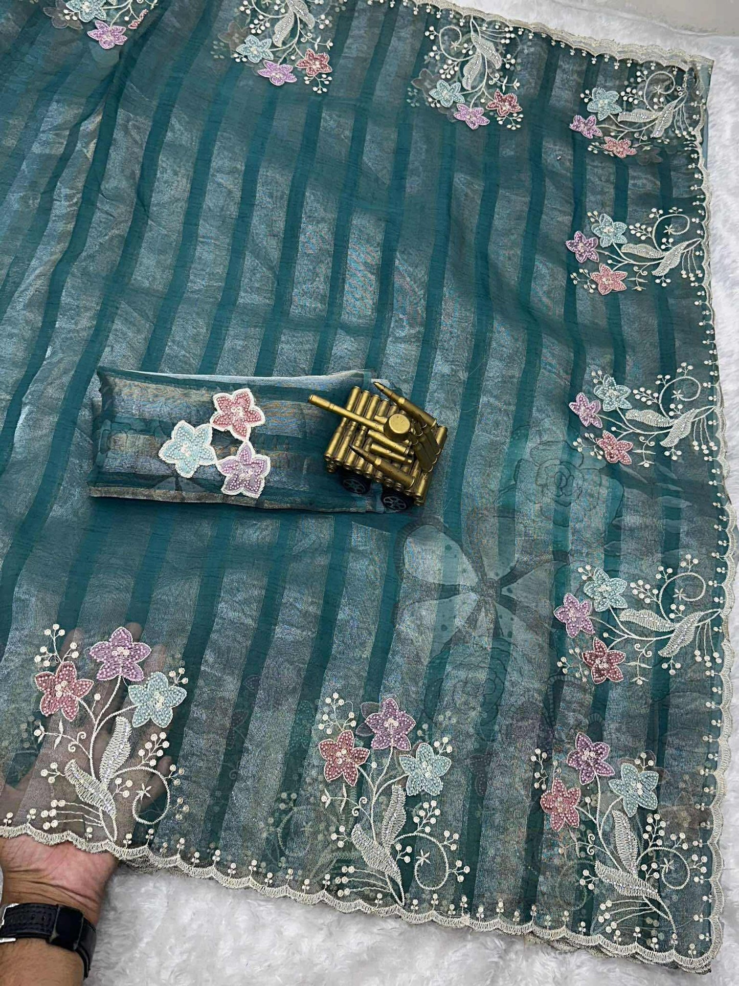 Pure Tissue Saree Thread Embroidery work, Pearl stone work in full saree with Silver and Gold zari weaving stripes