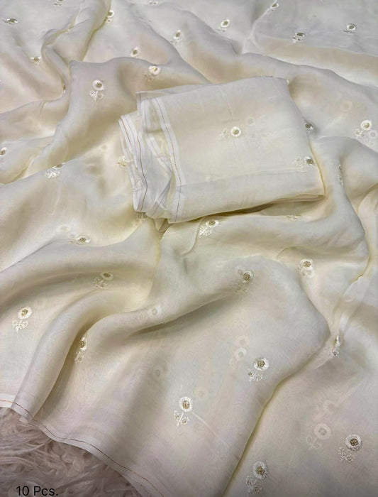 IVORY WHITE Color Viscose Organza Saree with Allover Floral Butti Embroidery work
