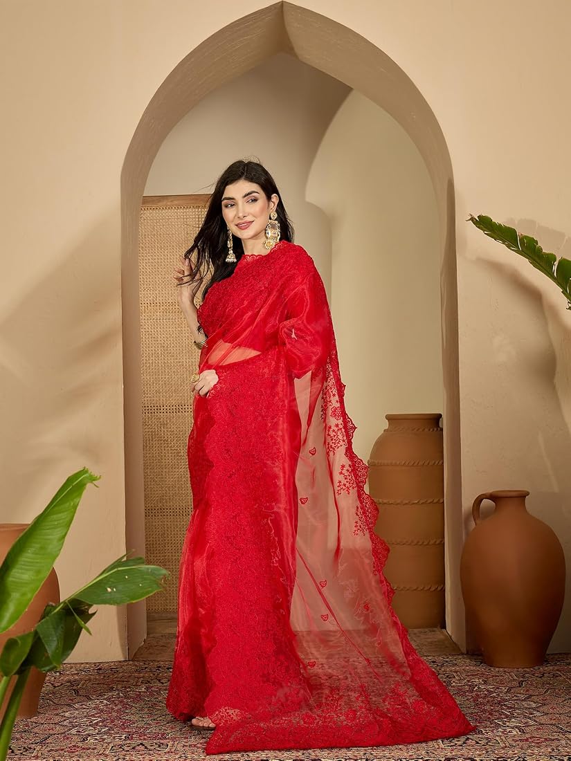Vermillion Red Color Organza Silk Saree