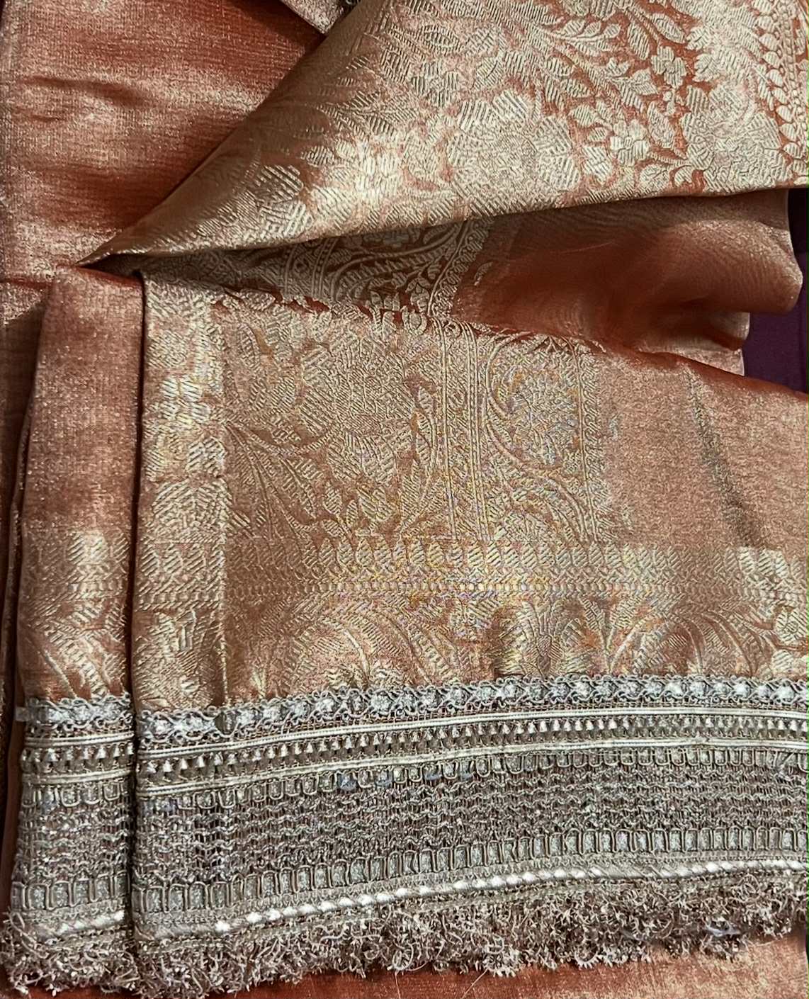 Tissue Silk Saree Orange and Golden Hues with Heavy Lace and Weaving Border and Heavy Weaving Pallu