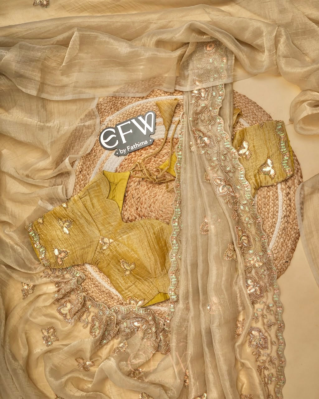 CHAMPAGNE BEIGE Color Tissue Chiffon Saree