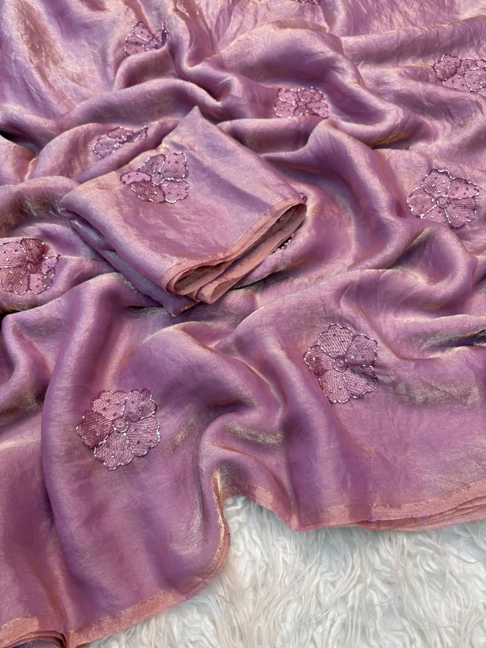 Onion Pink Premium Fendi Silk Saree with Beadwork & Viscose Thread Embroidery
