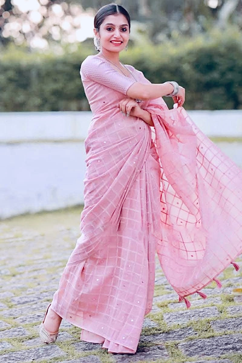PEARL PINK Color Soft Linen Saree with weaving chex of Velvet thread