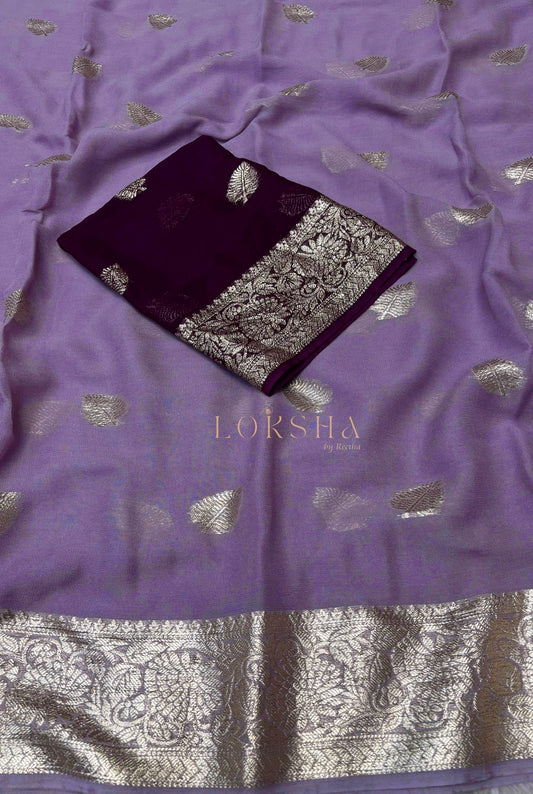 Lilac Color Viscose Georgette Saree with Wine Color Blouse Piece