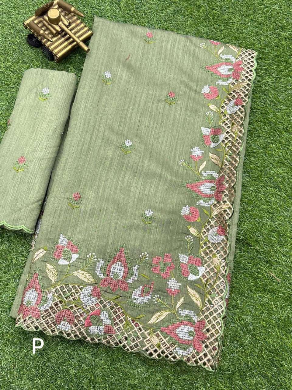 Sage Green Color Visca Slub Silk Saree Thread Embroidery work with Stunning cut work & Boaring pattern