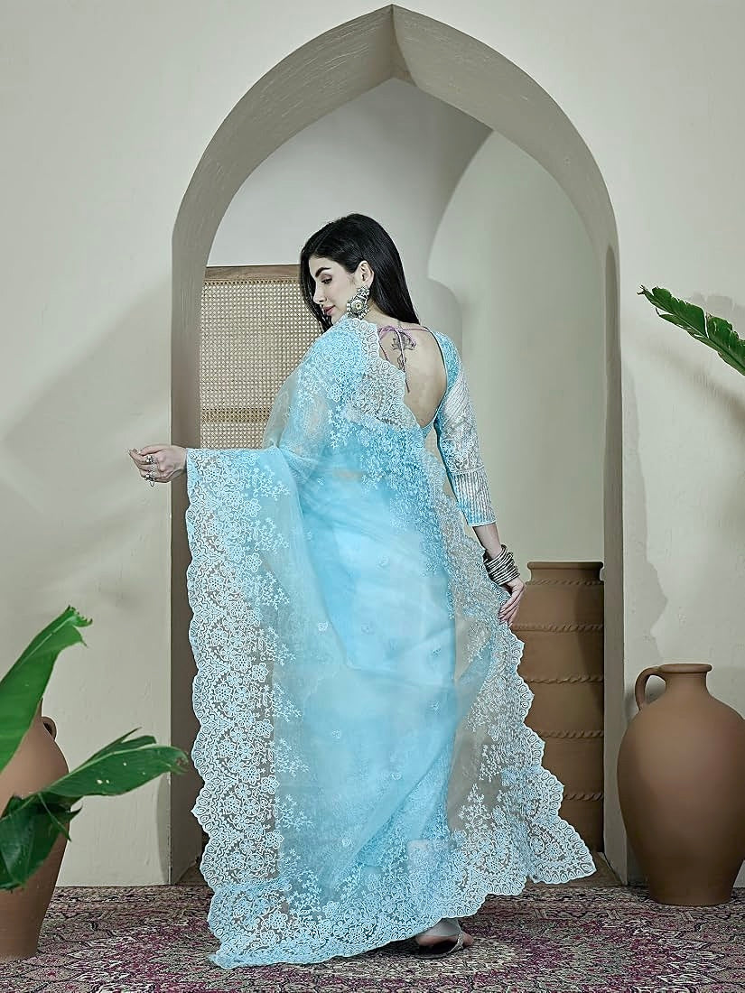 COLUMBIA BLUE Color Organza Silk Saree