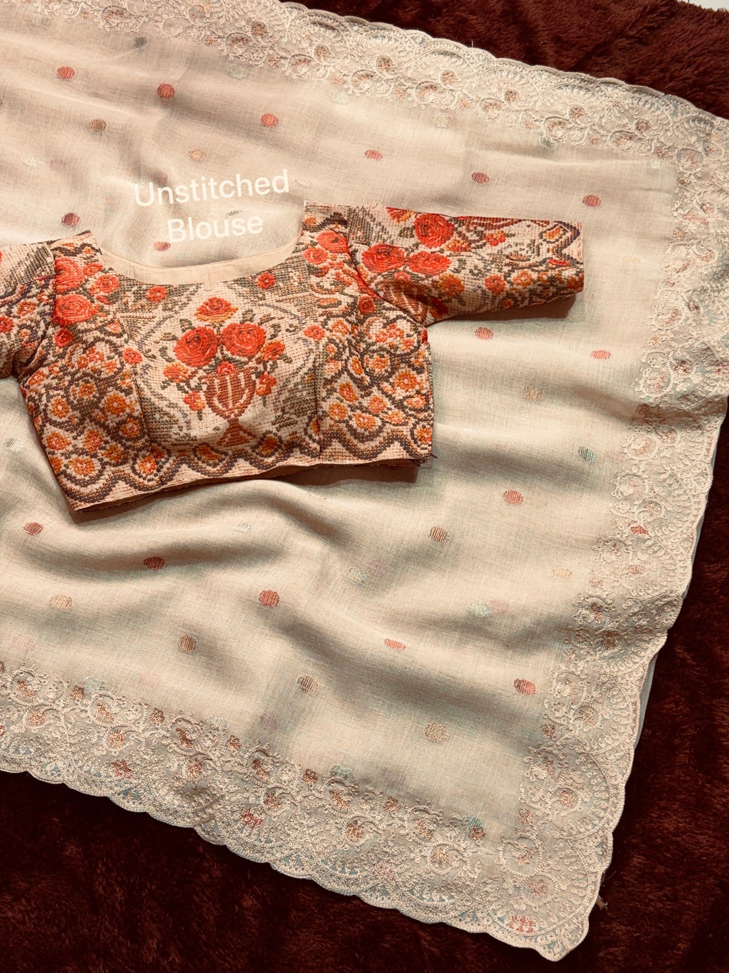 WARM IVORY Color Linen Cotton Saree with Three different shades Jari weaving butti