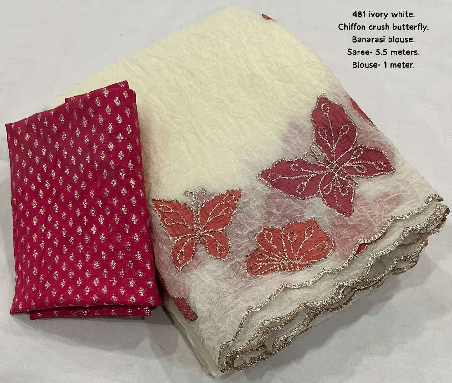 Soft ivory white crush chiffon saree with zari embroidery butterfly..
Butterfly zari outing painted by colors..
Aacro Work Jari Embroidery Border..