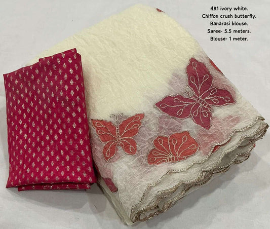Soft ivory white crush chiffon saree with zari embroidery butterfly..
Butterfly zari outing painted by colors..
Aacro Work Jari Embroidery Border..