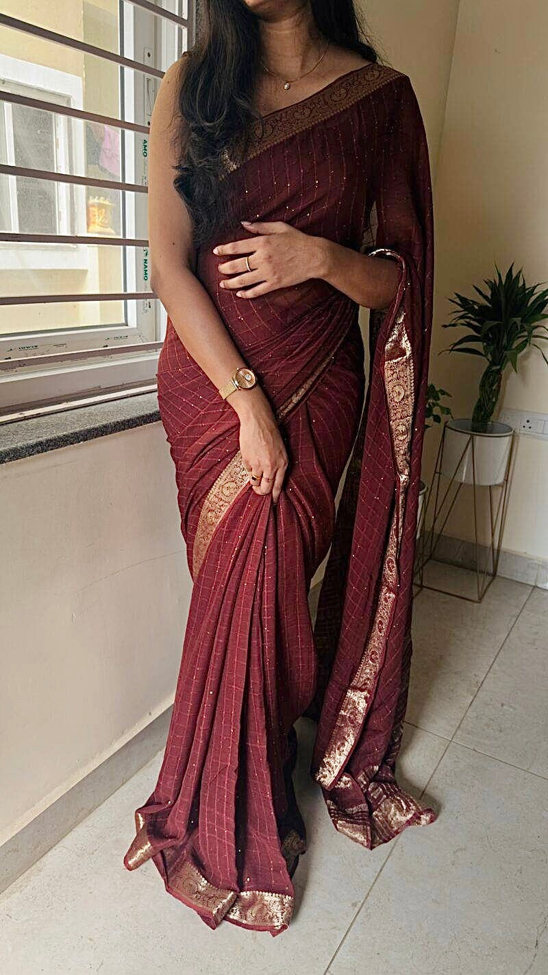 CHOCOLATE BROWN Color Viscose Georgette Saree