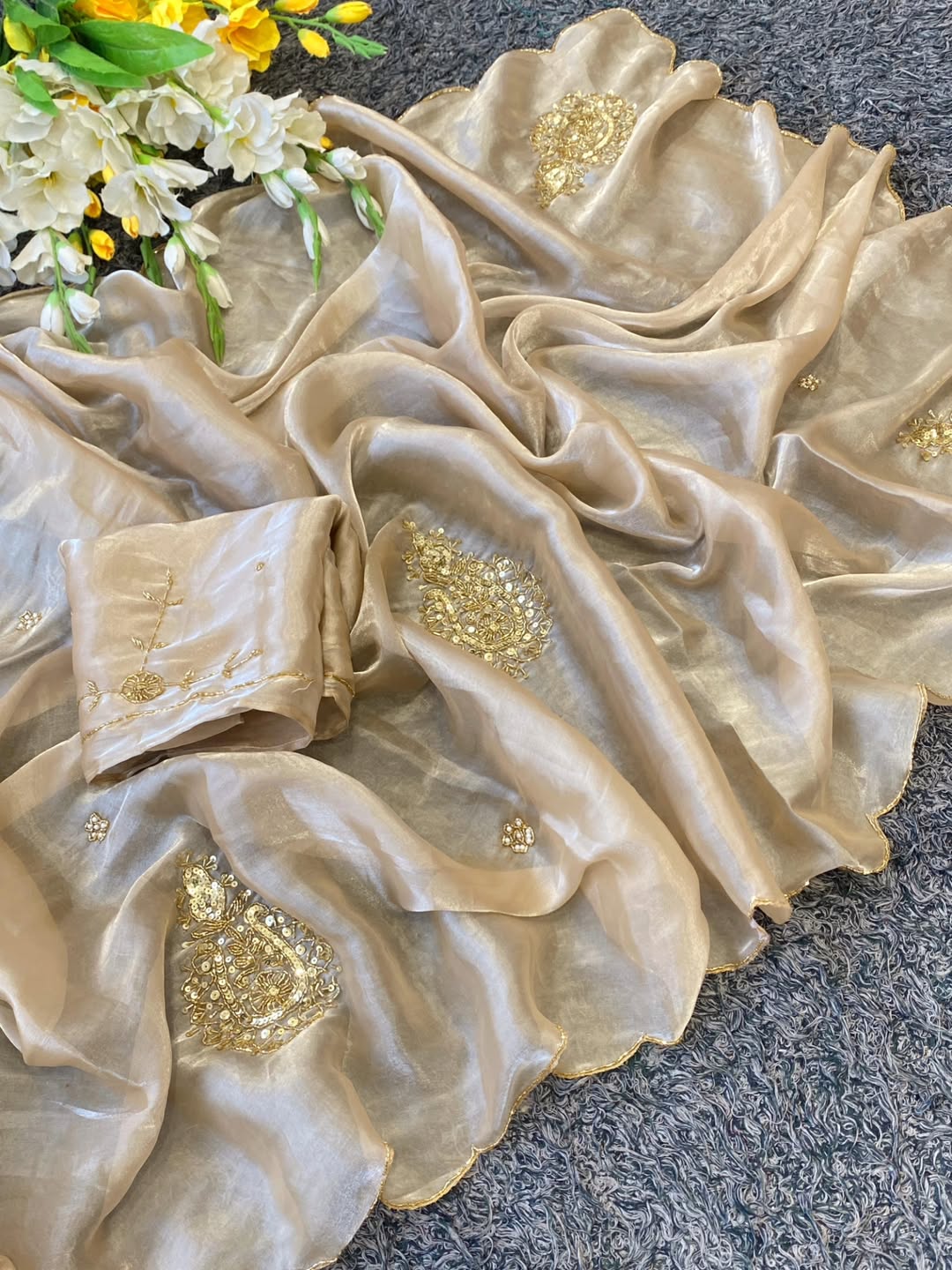 GOLDEN BEIGE Color Satin Organza Saree with Lucrative handwork design with sequins work