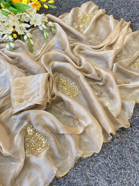 GOLDEN BEIGE Color Satin Organza Saree with Lucrative handwork design with sequins work