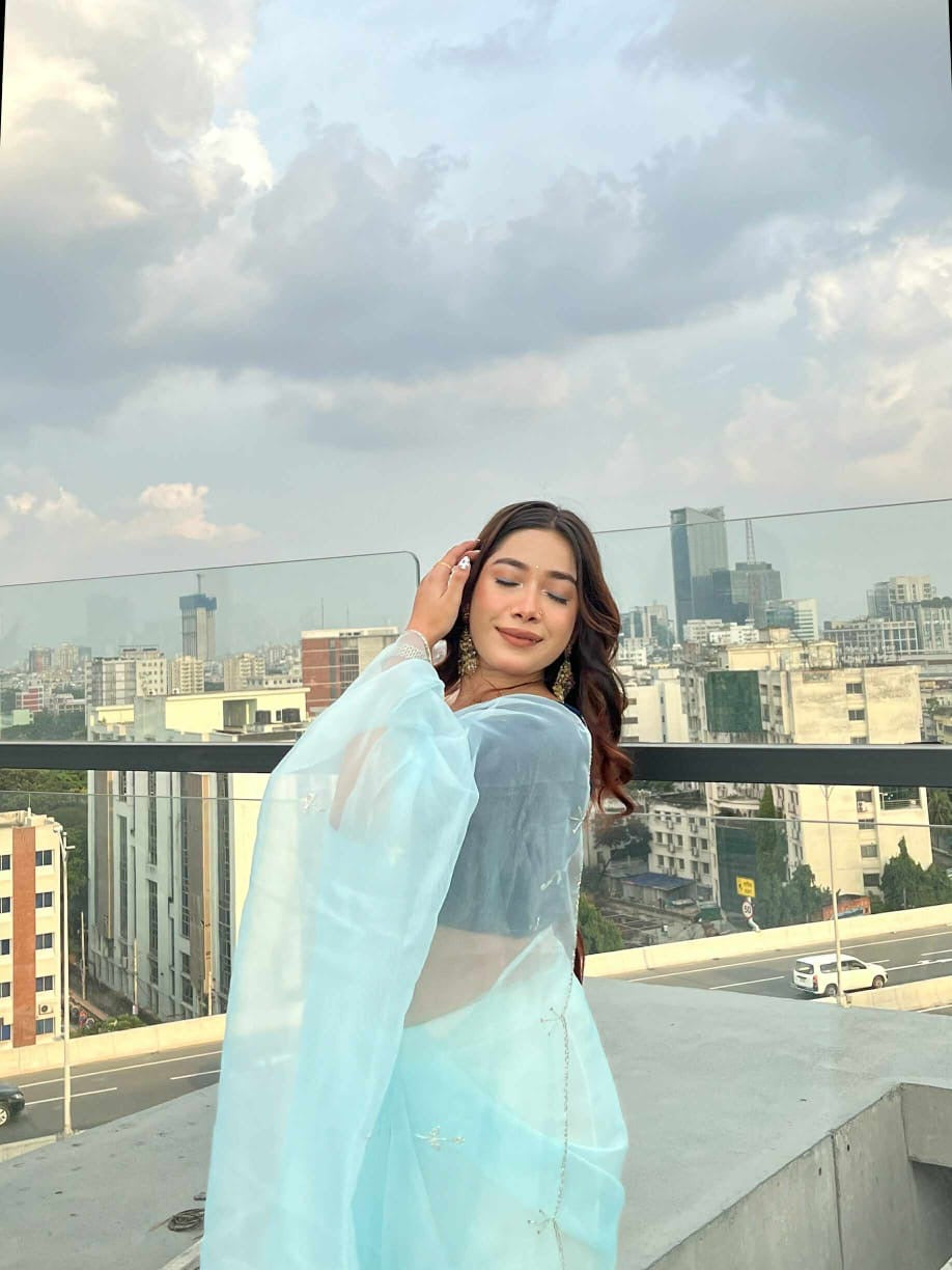 Organza hand work Khatli and Pearl Work saree with DEEP NAVY BLUE Color Velvet Khatli Work unsttiched blouse piece