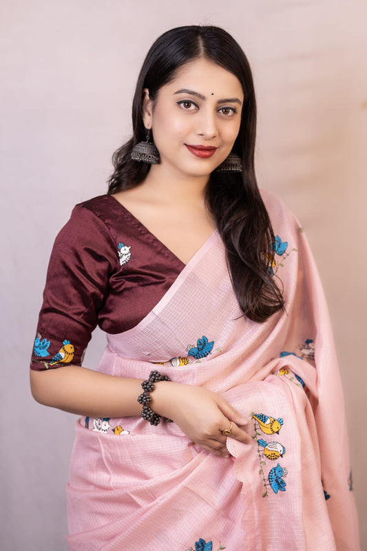 Soft PINK Color Kota Silk Saree with Bird Style Embroidery