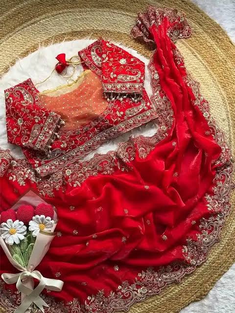 VERMILLION RED Space Silk Saree with Heavy Embroidery Border and STITCHED BLOUSE