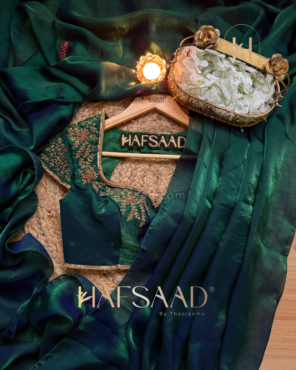 EMERALD GREEN Stardust Satin Saree paried with Same Material Blouse with Artisanal Handwork