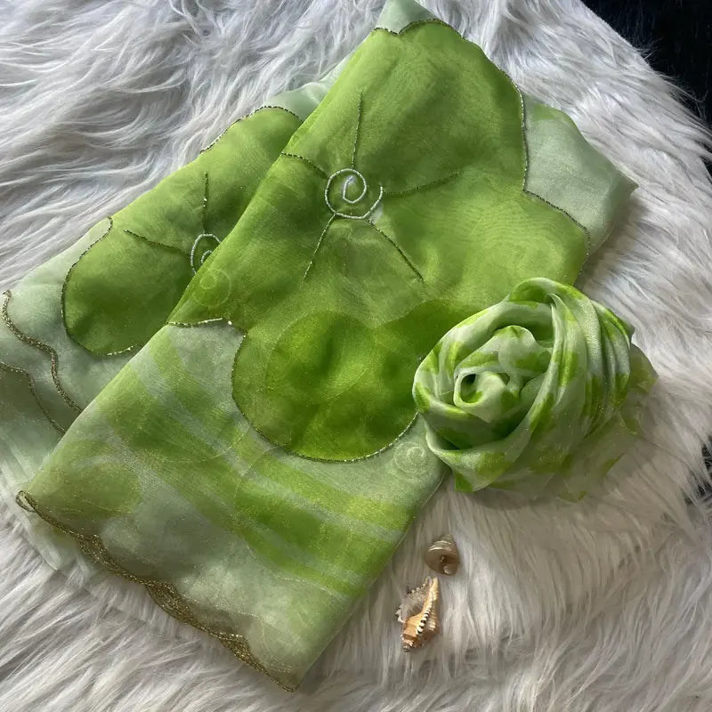 Fresh Lime Green Elegant Organza hand work Khatli and Pearl Work saree with digital print blouse piece