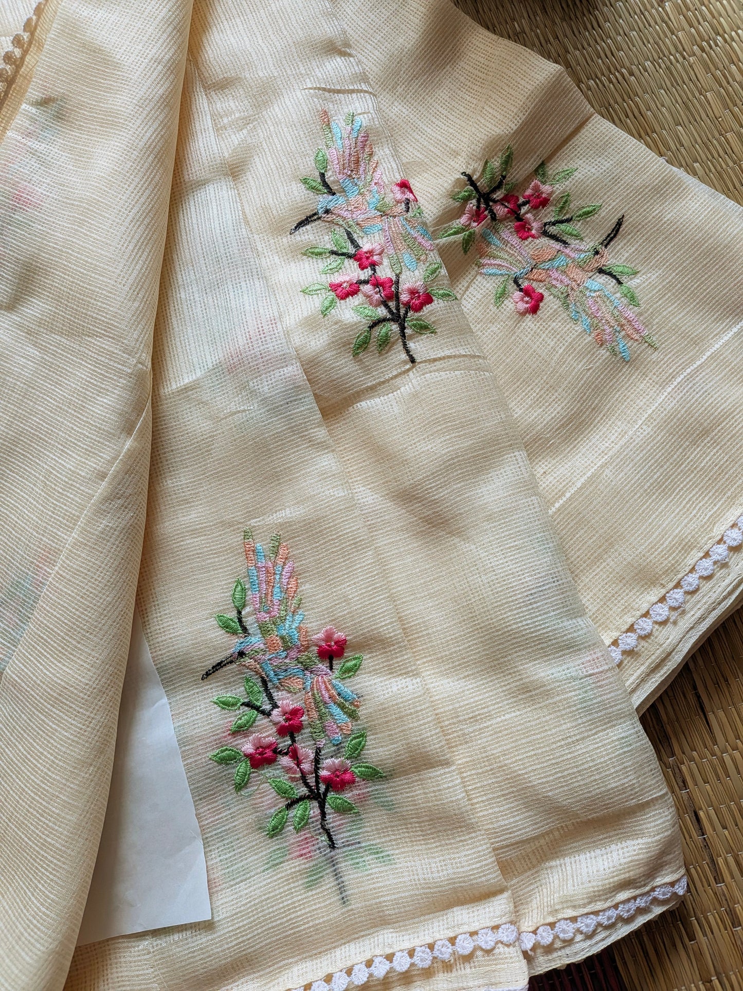 IVORY Color Premium Kota Dariya Colorful BIRD 🦅 Embroidery Saree