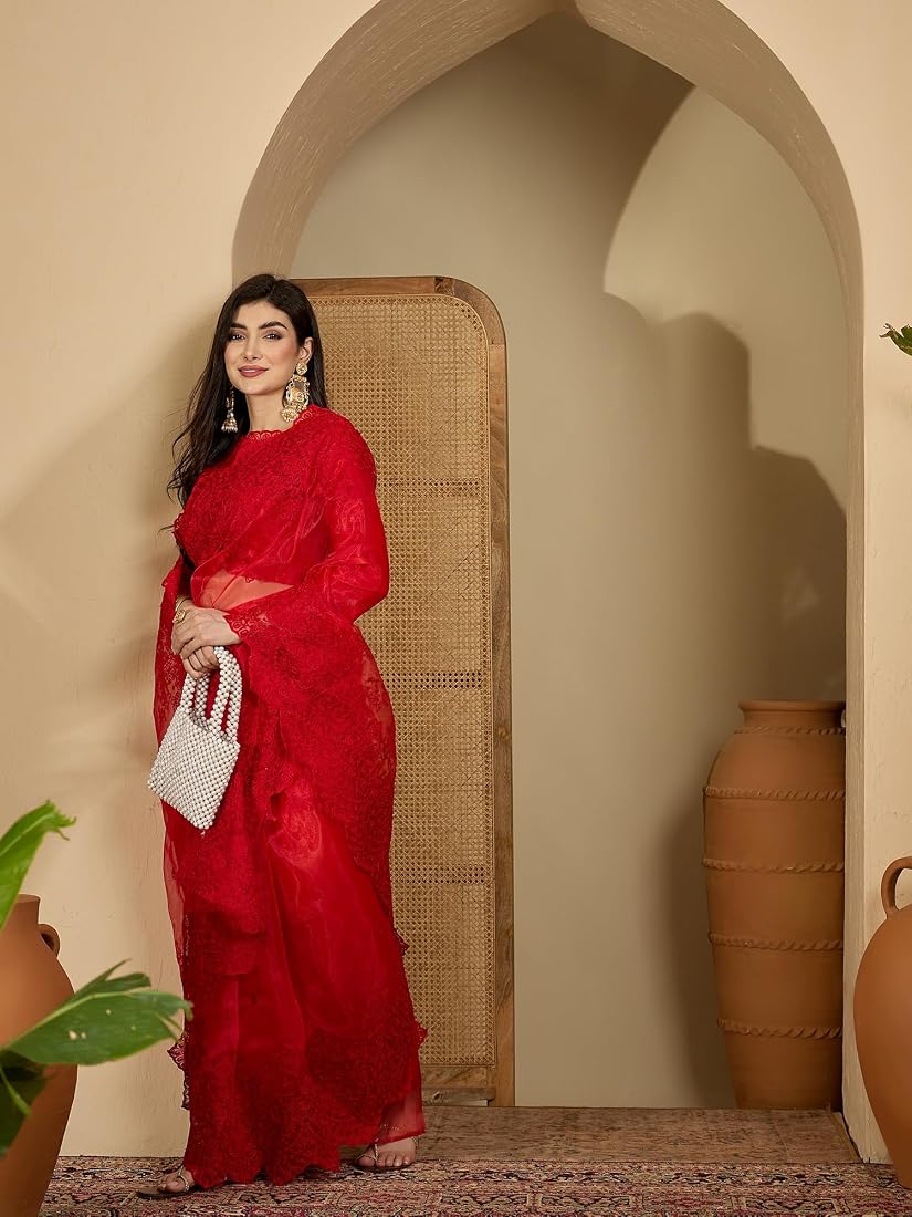 Vermillion Red Color Organza Silk Saree