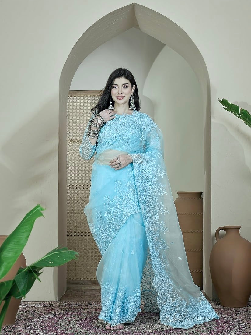 COLUMBIA BLUE Color Organza Silk Saree