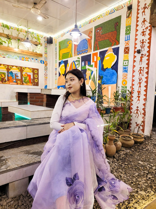 Lavender Organza Saree Aacro work Border and Khatli Work