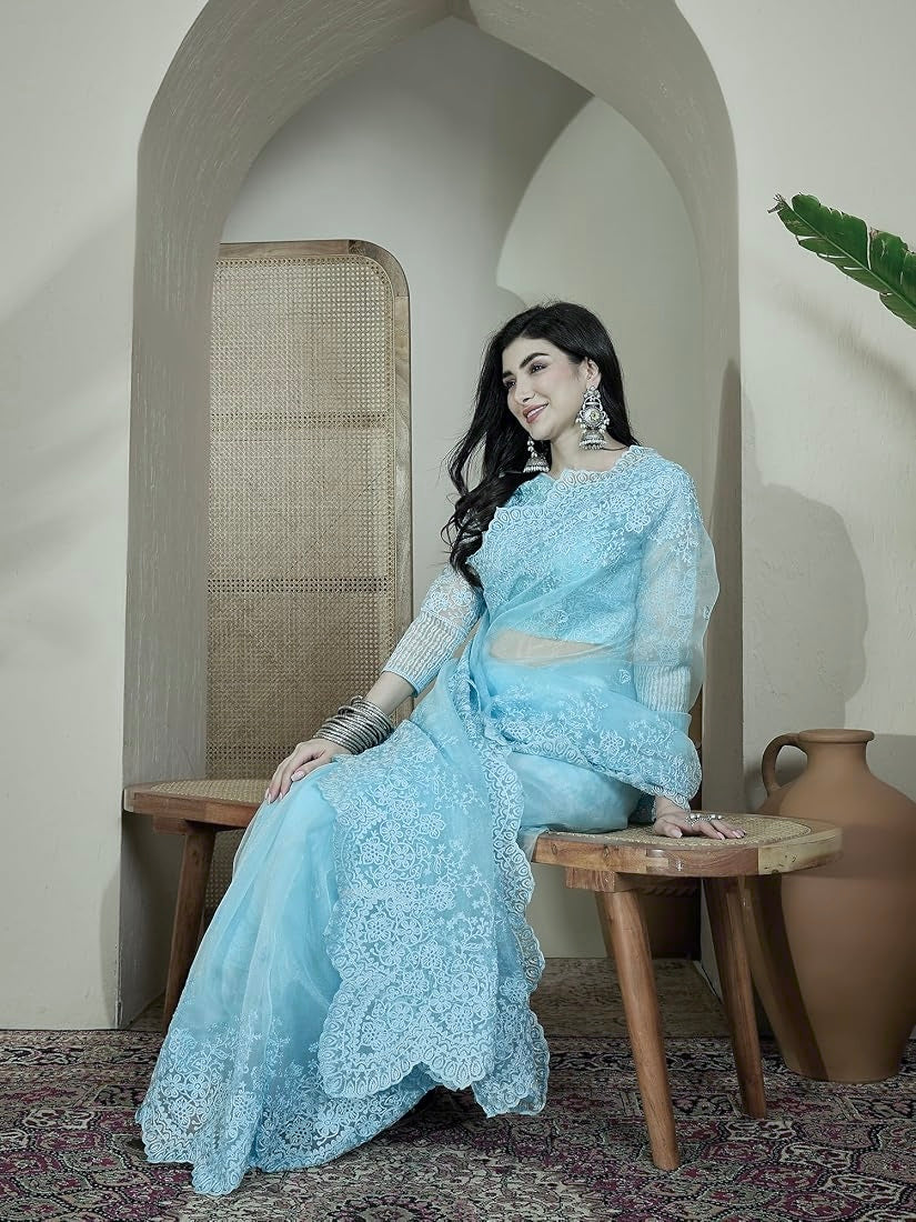 COLUMBIA BLUE Color Organza Silk Saree