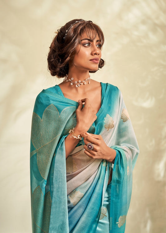Pure Handloom Khadi Silk With Digital Print All Weaving Design for the perfect balance of comfort and elegance (Light Blue and Deeper Teal Hues Shades)