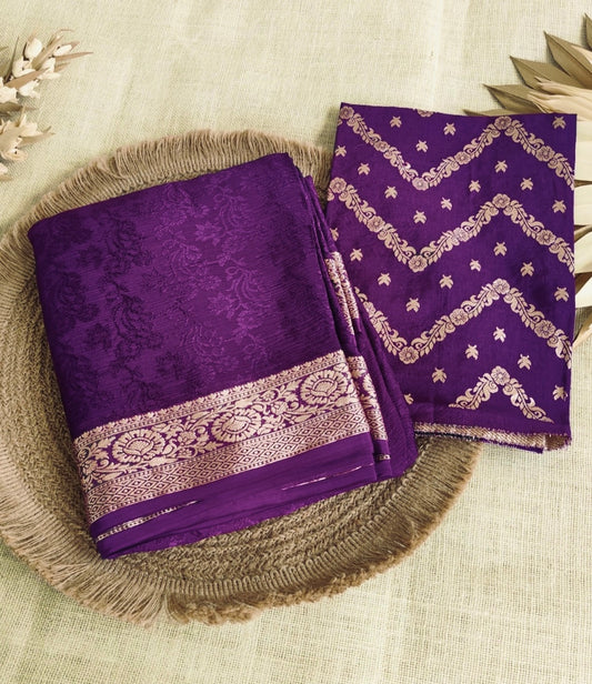 Viscose chinnon saree Deep Purple Color with banarasi weaving blouse
