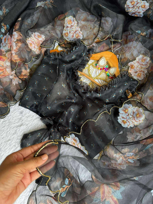 Pure Black Organza hand work Khatli and Pearl Work saree with digital print blouse piece