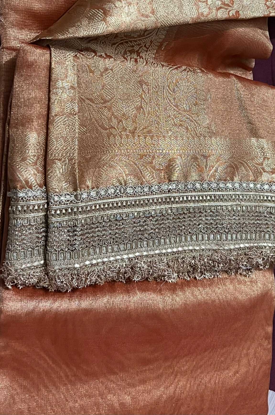 Tissue Silk Saree Orange and Golden Hues with Heavy Lace and Weaving Border and Heavy Weaving Pallu
