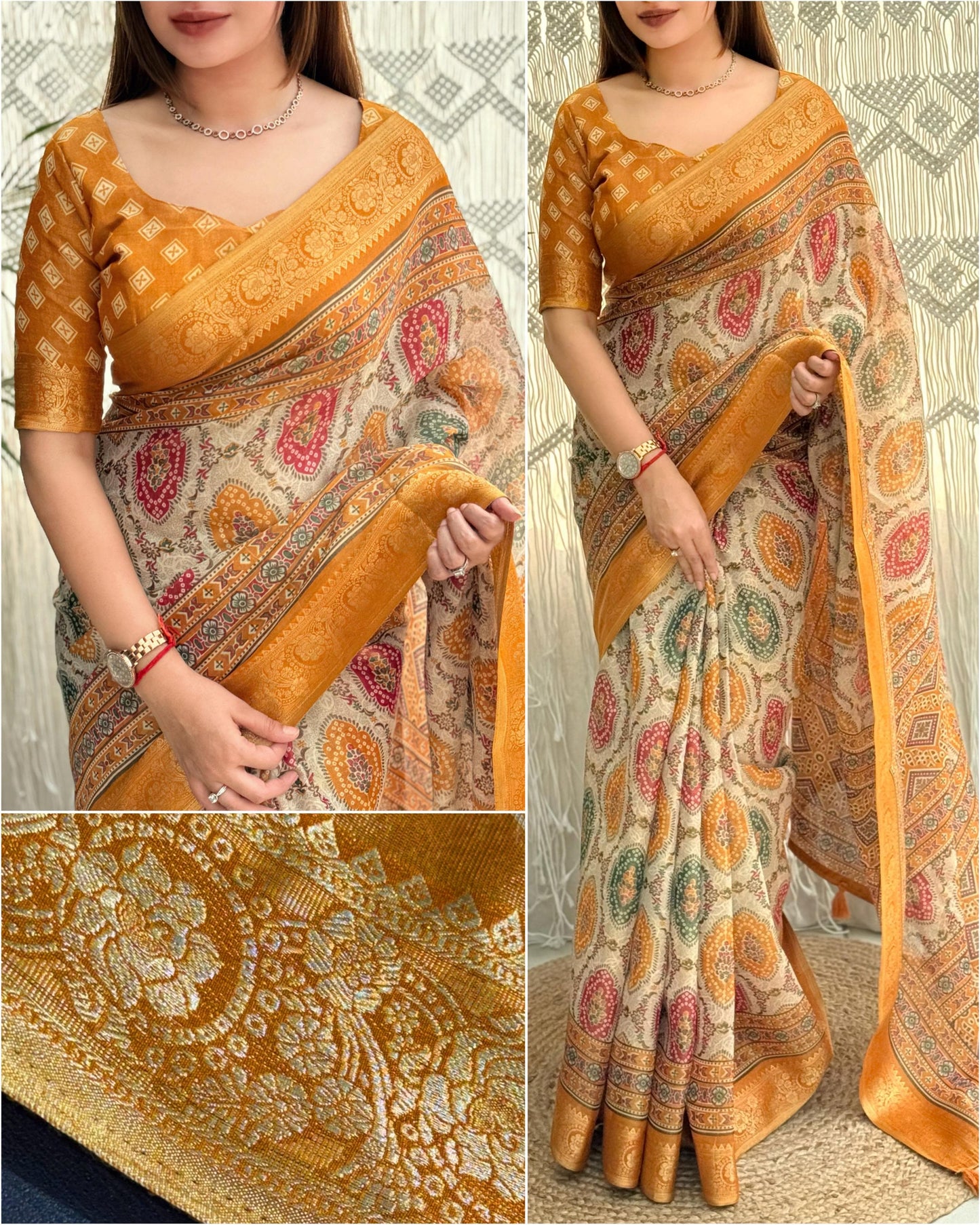 Ajrakh Printed saree with Mustard Yellow Color zari jacquard border
