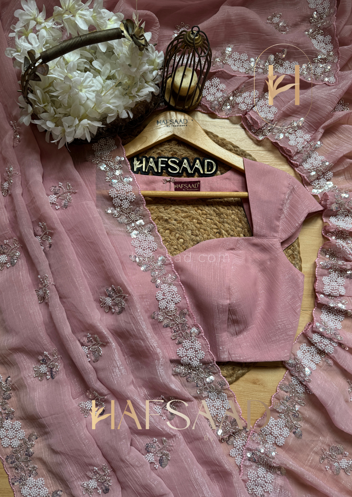 Soft Pink Chiffon Silk Saree Heavy Handwork with Beads work, Khatli Work, Sequins Work and Aacro Border