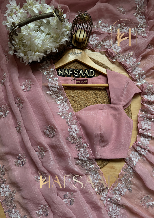 Soft Pink Chiffon Silk Saree Heavy Handwork with Beads work, Khatli Work, Sequins Work and Aacro Border