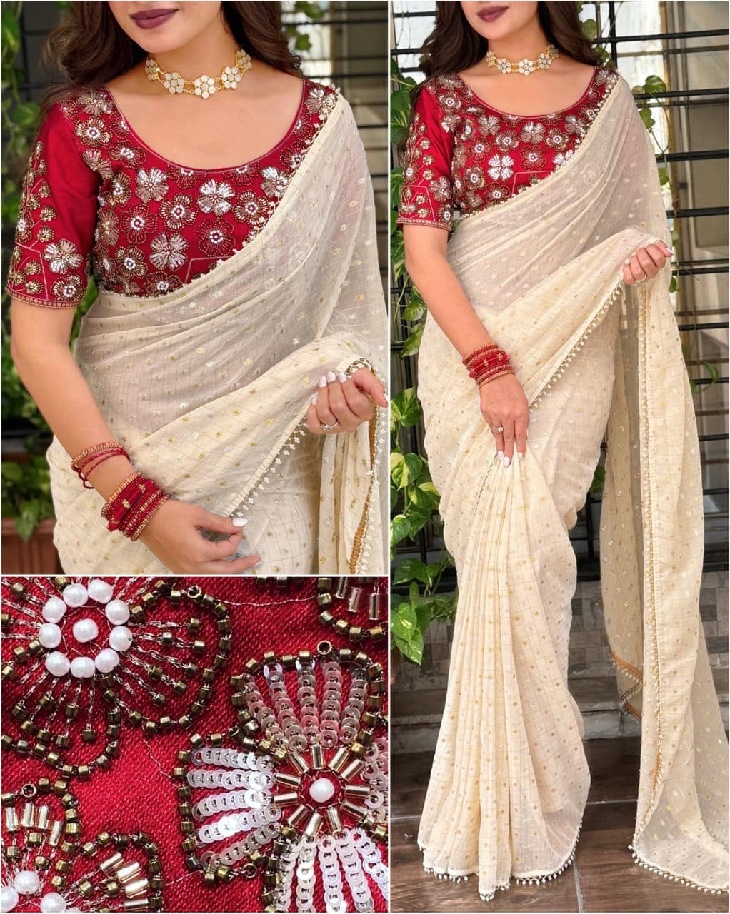Cruchy Greorgette WARM BEIGE COLOR Saree Dual gold & silver zari Butti