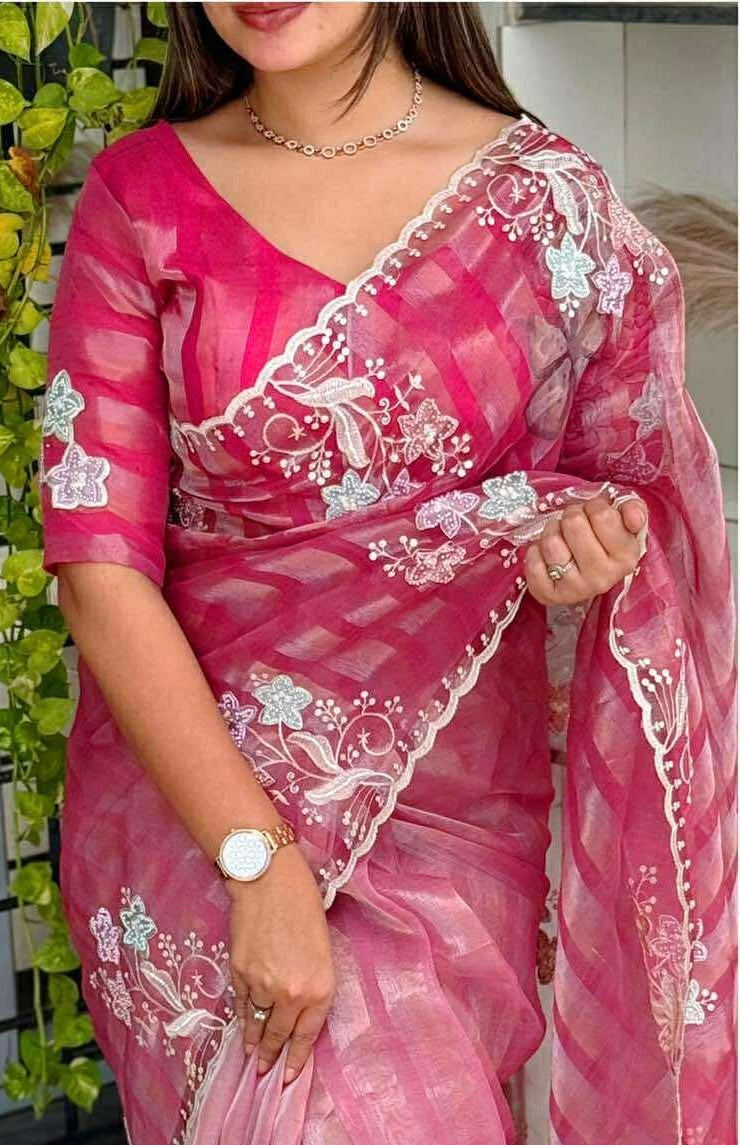 Pink Shaded Pure Tissue Saree with Thread Embroidery work, Pearl stone work in full saree with Silver and Gold zari weaving stripes