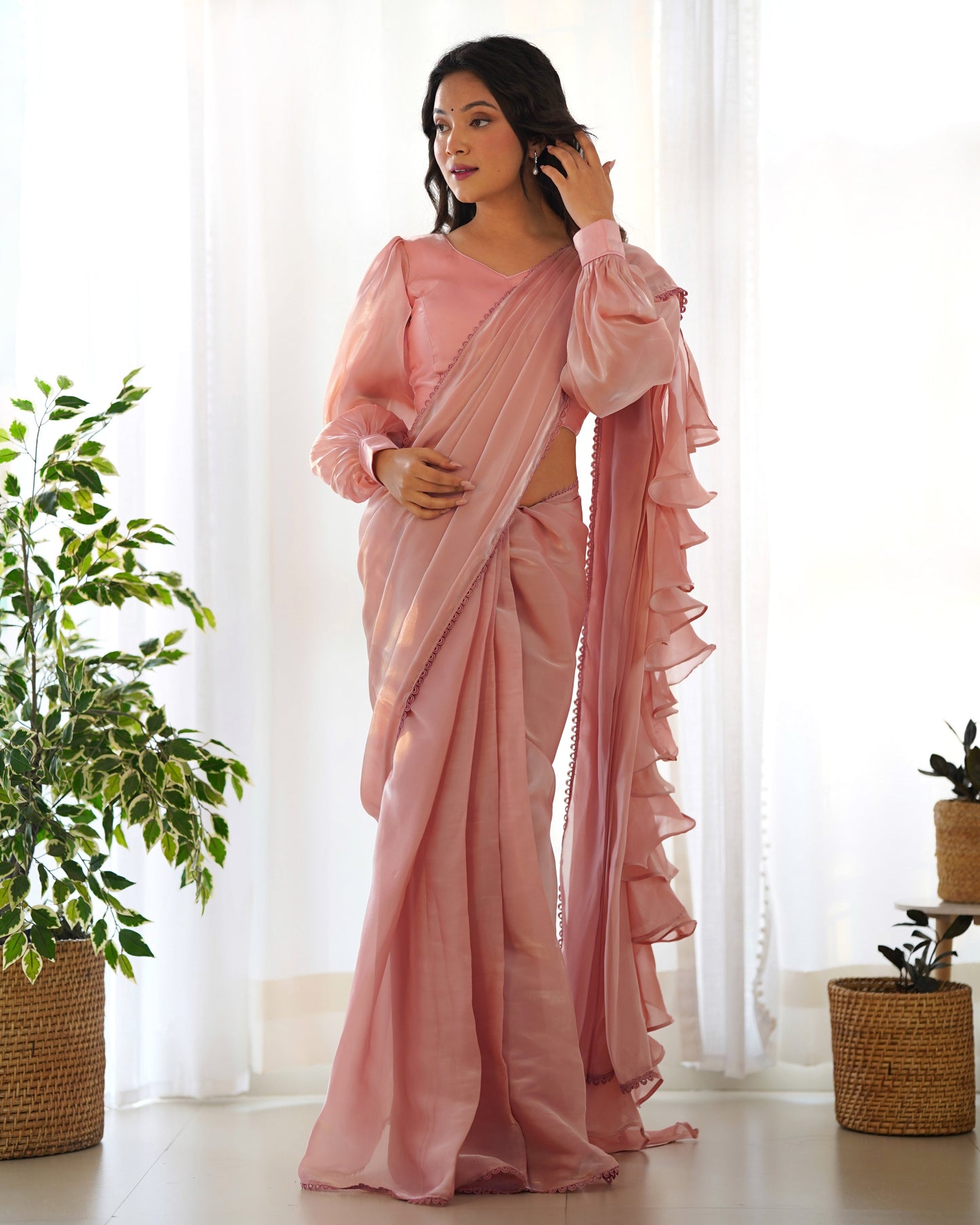 DUSTY ROSE Color PREMIUM QUALITY ORGANZA Saree Ready to Wear with STITCHED BLOUSE