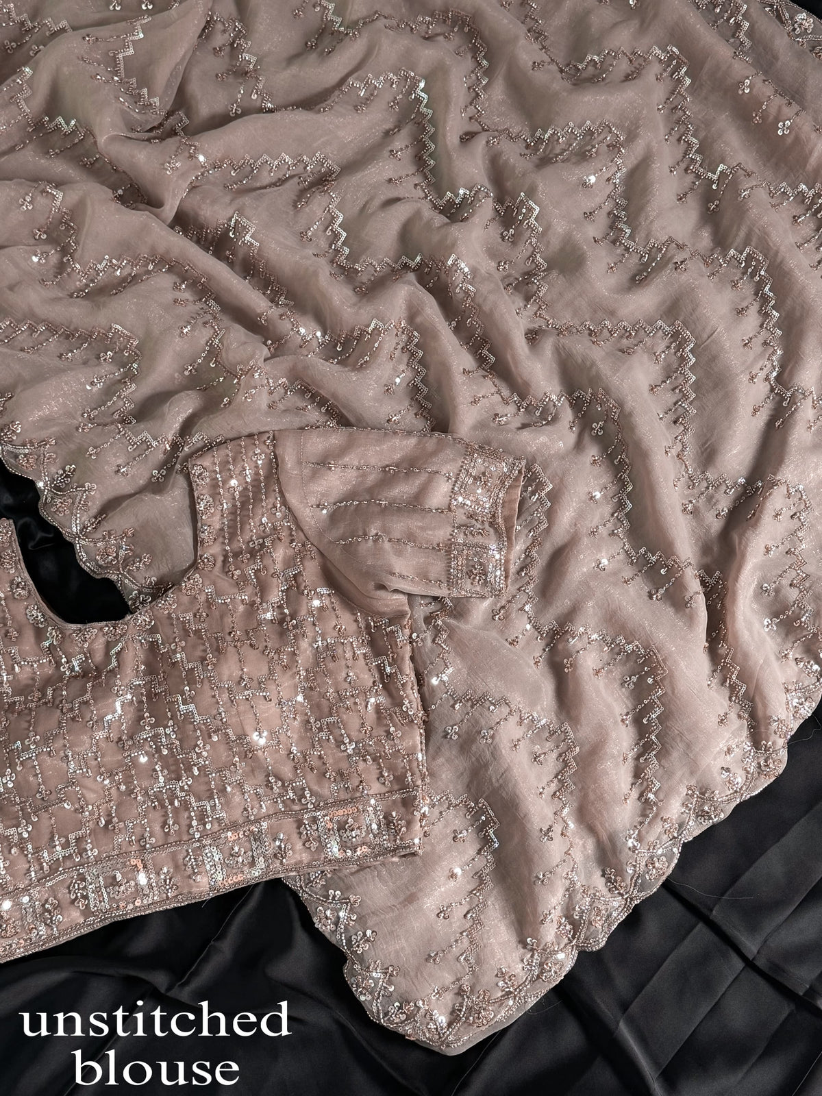 PREMIUM WOOLLY BEIGE Color Fendi Satin Saree