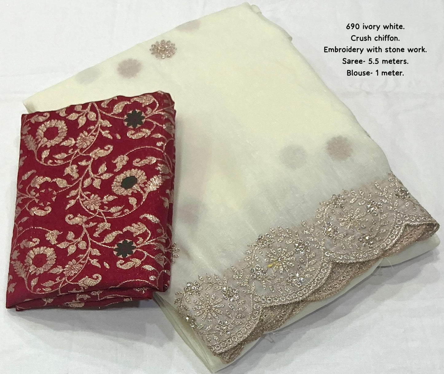 IVORY WHITE Color soft crunchy crush georgette saree with zari embroidery and stone work