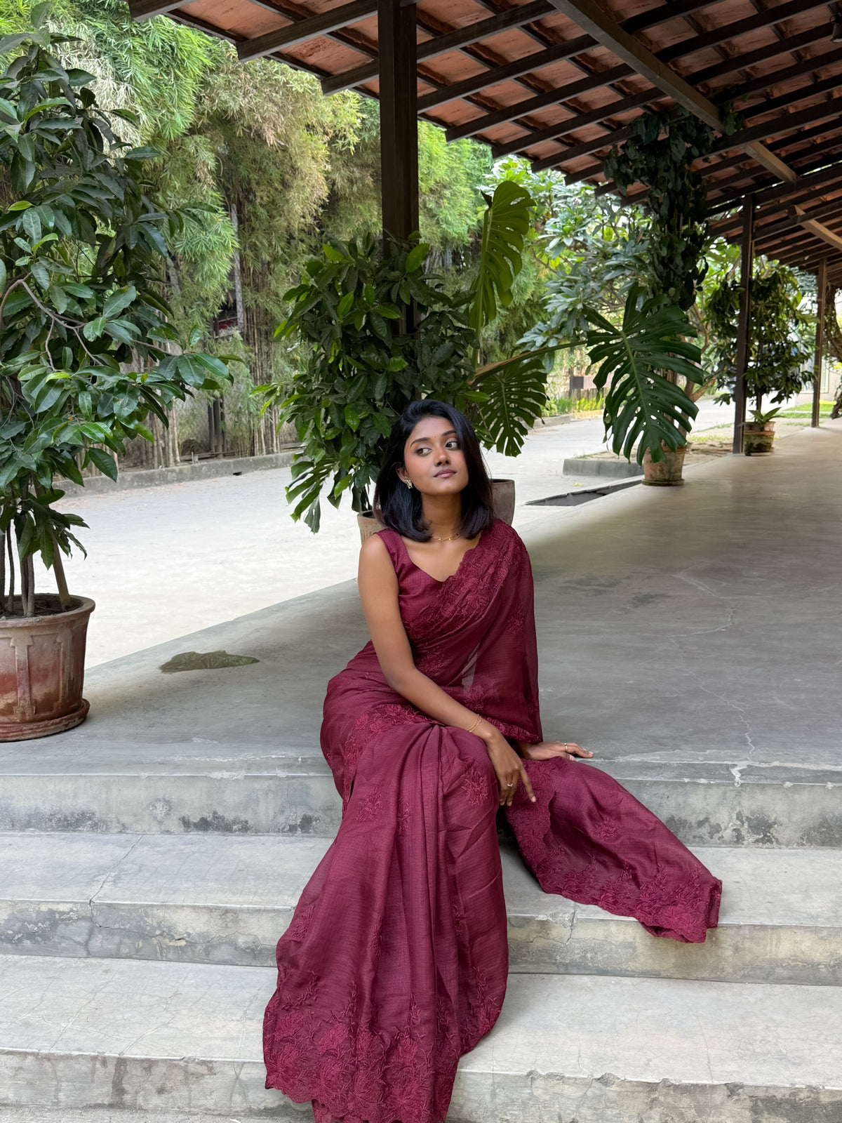 Premium Dark Maroon Kota Embroidery Saree with Unstitched Blouse Piece