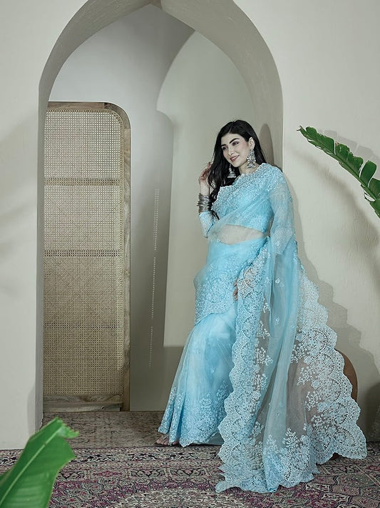 COLUMBIA BLUE Color Organza Silk Saree
