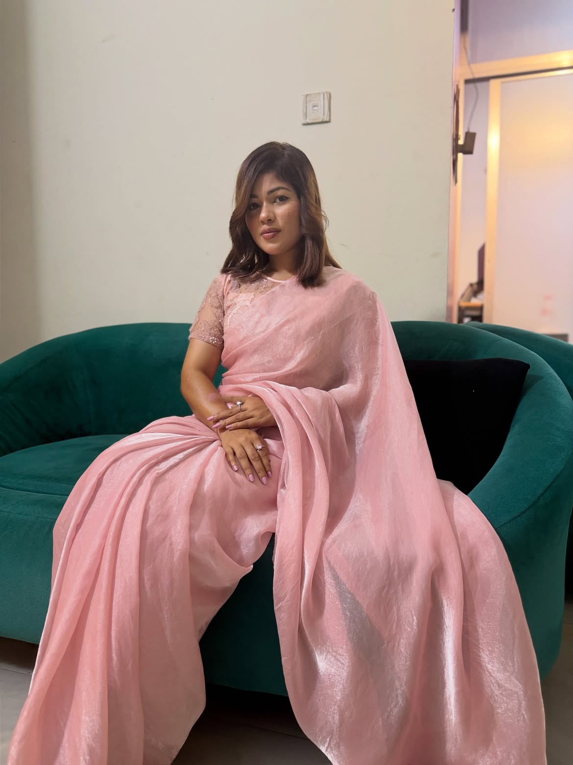 Light Blush Pink Premium Fendi Silk Saree with Heavy Designer Blouse Piece