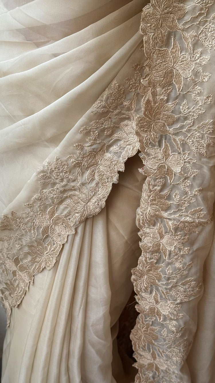 BEIGE Color Tabby organza Saree featuring intricate embroidery work