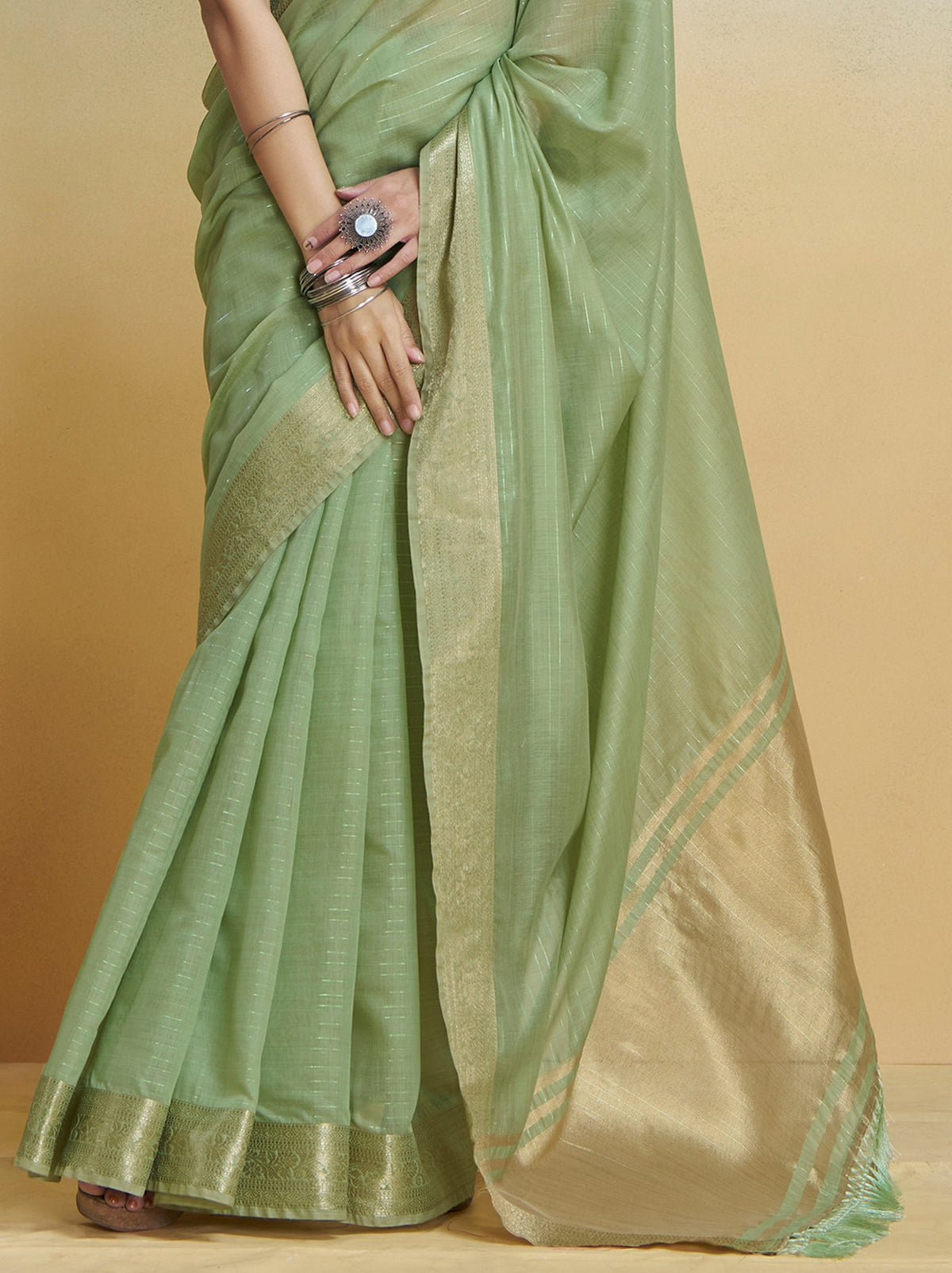 SAGE GREEN PURE HANDLOOM KHADI SILK SAREE WITH Rainbow Jari Lining All Over The Saree and Heavy Weaving Border and Pallu