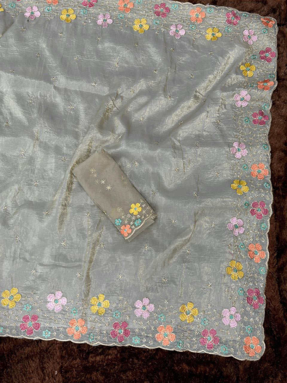 Soft Crushed Sufi Silk Saree DUSTY BEIGE COLOR adorned with exquisite beads embroidery that speaks elegance in every thread Perfect for any celebration