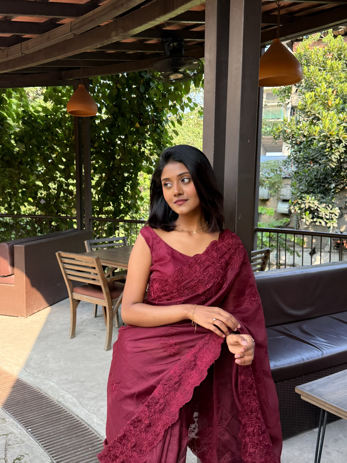 Premium Dark Maroon Kota Embroidery Saree with Unstitched Blouse Piece