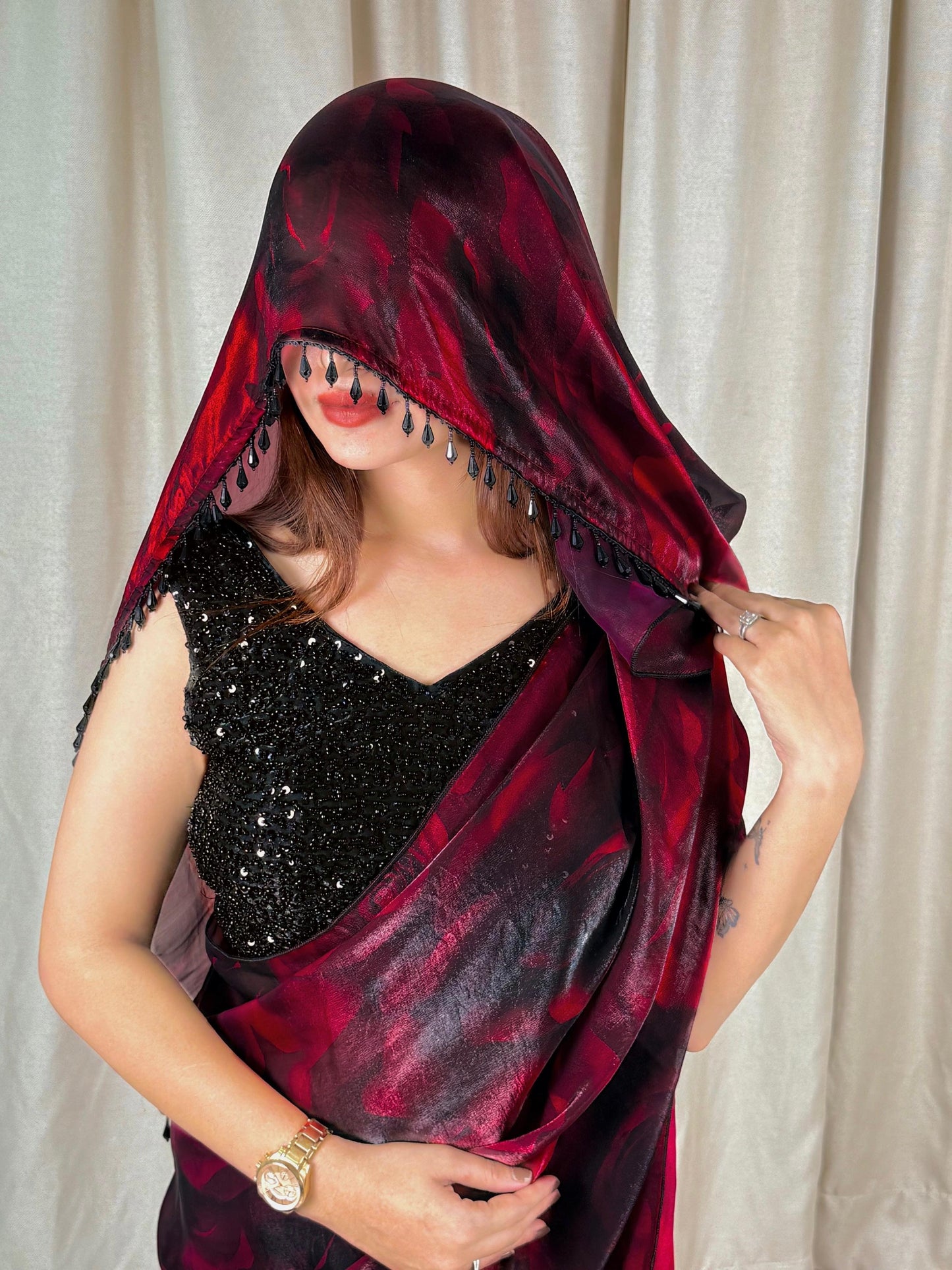 Fandy Satin floral pattern Saree with heavy bead-work blouse