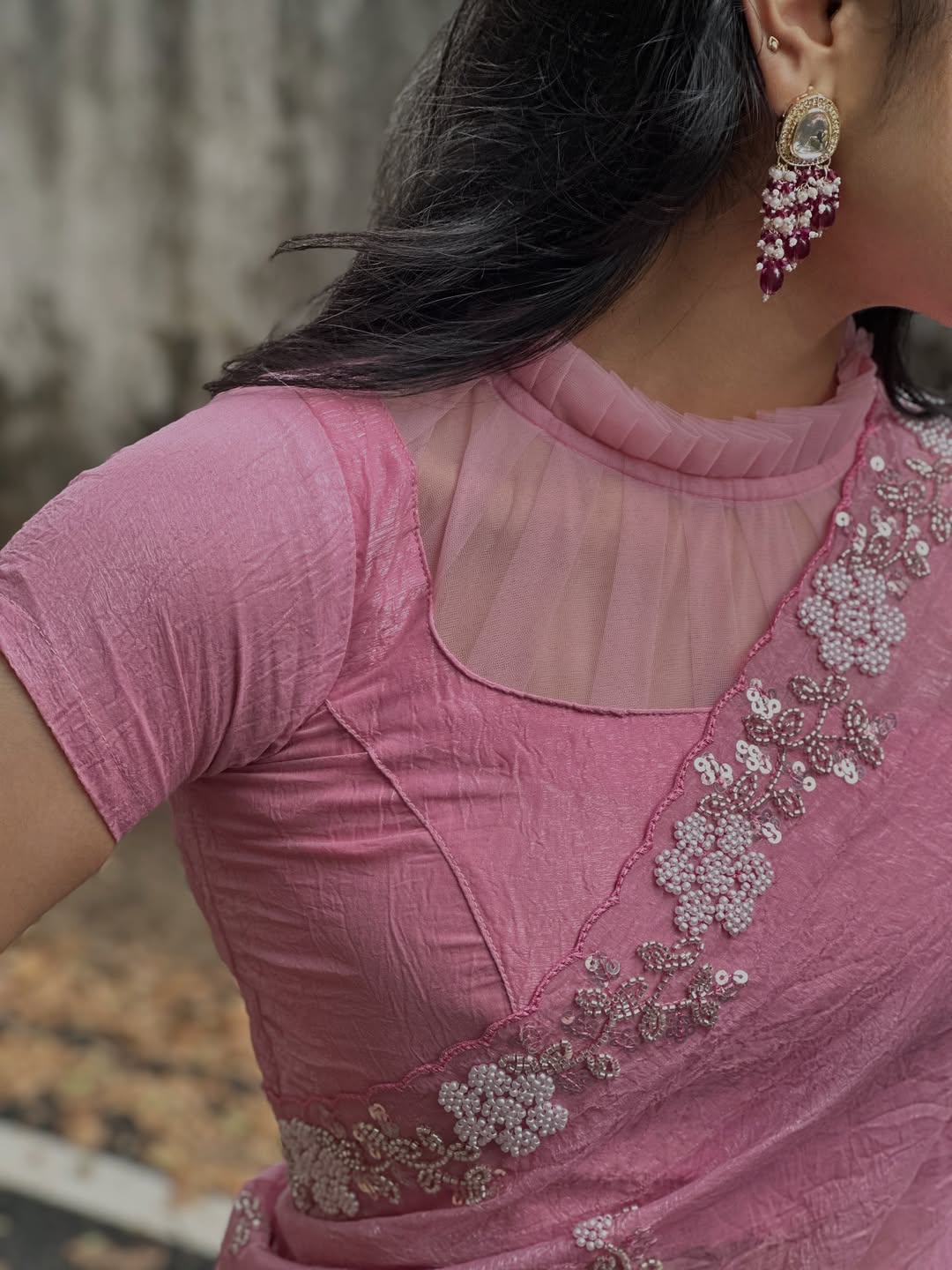 Soft Pink Chiffon Silk Saree Heavy Handwork with Beads work, Khatli Work, Sequins Work and Aacro Border